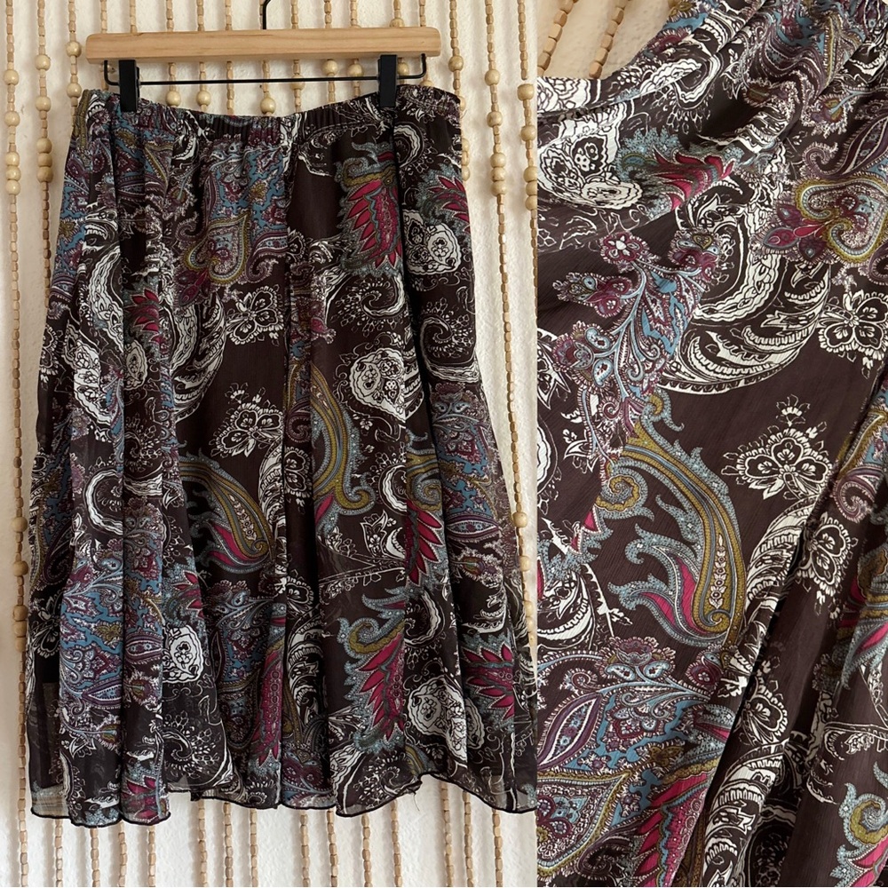Vintage Floral Fairy  Boho Indie Whimsy Paisley Flowy Stretch Midi Skirt Large